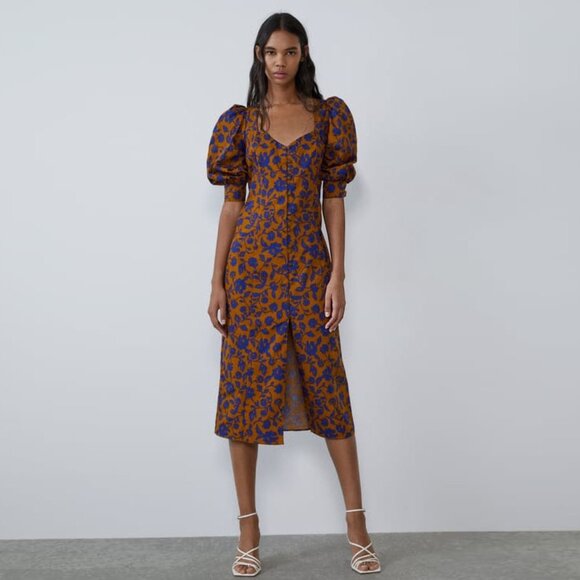 ZARA FLORAL PRINTED PUFF SLEEVE MIDI POPLIN DRESS - Picture 1 of 4